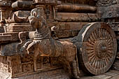 The great Chola temples of Tamil Nadu - The Airavatesvara temple of Darasuram. Detail of the prancing horses pulling wheels carved in high relief on the basement of the porch extension of the mandapa.